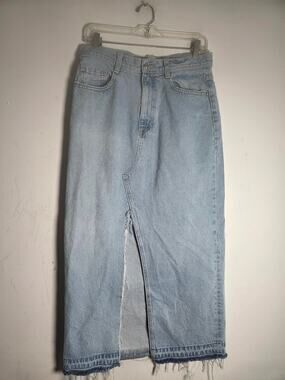 Zara Blue Denim Midrise 100% Cotton Ruff Hem Straight Long Skirt size Medium